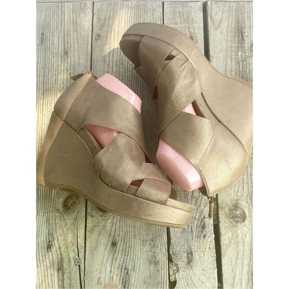 EILEEN FISHER Bella Gold Metallic Leather Suede Platform Wedge Sandal Wm’s Sz 10 - Picture 6 of 10